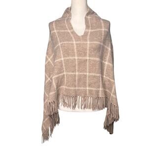 Claudia Nichole Cashmere Blend Poncho Beige Cream Knit Fringe Trim Shawl Topper